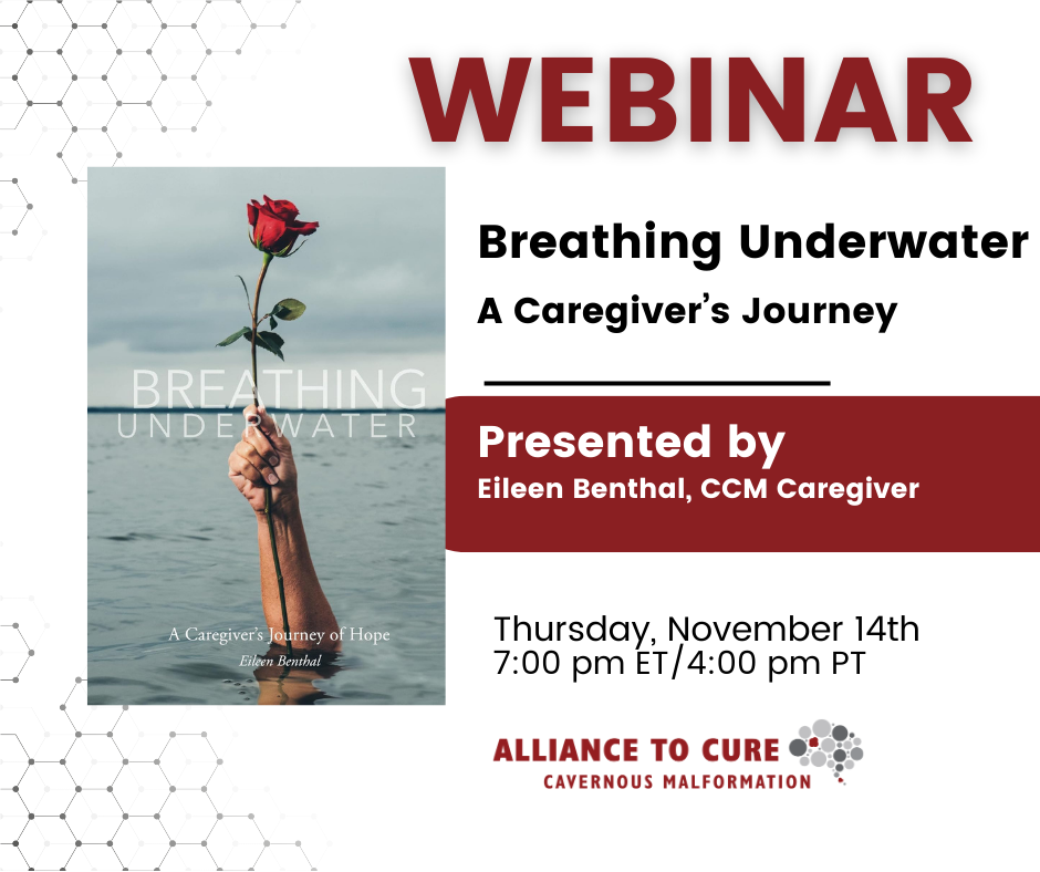 Webinar graphic featuring Eileen Benthal's book cover. The book cover has a hand reaching out of water holding a rose, surrounded by grey skies